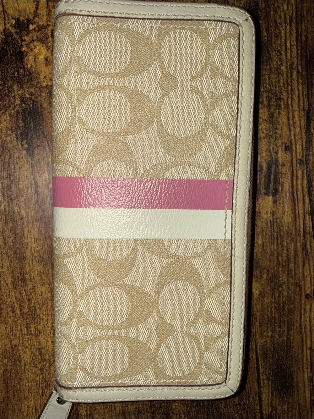 Coach Beige Signature Zip Wallet with Pink Stripe - Picture 4 of 12